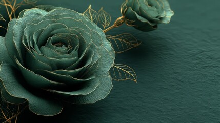 Green rose with gold leaves is the main focus of the image. The rose is surrounded by a green background