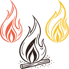 Fire flames icon set with tribal style burning symbols and warm orange elements