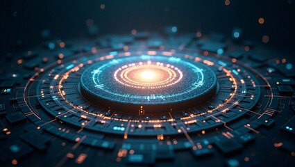 A futuristic circular interface with a glowing orange core and intricate blue digital circuit patterns.