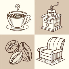 Coffee cup with cake and sweets vector illustration set for cafe and breakfast design