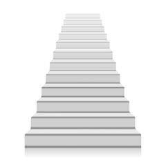 White staircase realistic illustration, isolated on white background. Front view of white staircase. Steps up. A symbol of the Achievements. Blank mockup for platform. Front view of white staircase	