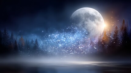 Moon is shining on a forest with trees and a lake. The moon is surrounded by a misty haze, giving the scene a dreamy