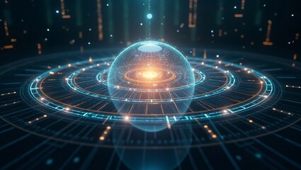 A luminous energy core inside a holographic sphere surrounded by rotating rings of digital data.