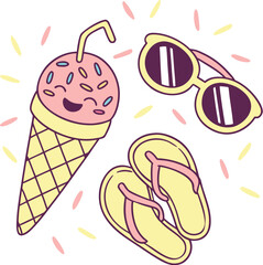 Ice cream cone set vector illustration with sweet cold dessert cartoon icons summer treat design