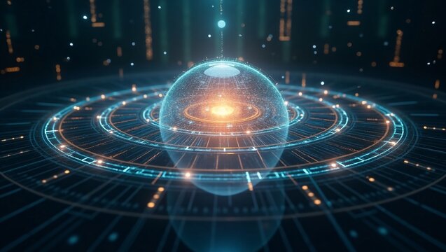 A luminous energy core inside a holographic sphere surrounded by rotating rings of digital data.