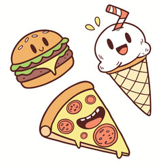 Set of colorful fast food icons including pizza sandwich hamburger and hotdog vector illustration