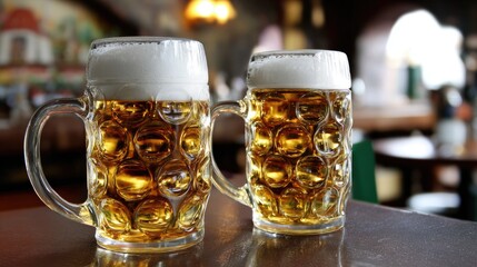 Two frosty mugs filled with golden ale sit on a wooden table, showcasing the rich color and frothy tops, perfect for celebrating national beer lover's day with friends