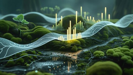 A futuristic concept of environmental technology with glowing data graphs rising from a natural, mossy ecosystem.