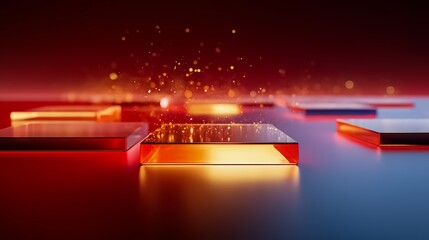 Series of square glass pieces with a red background. The squares are arranged in a way that creates a sense of depth