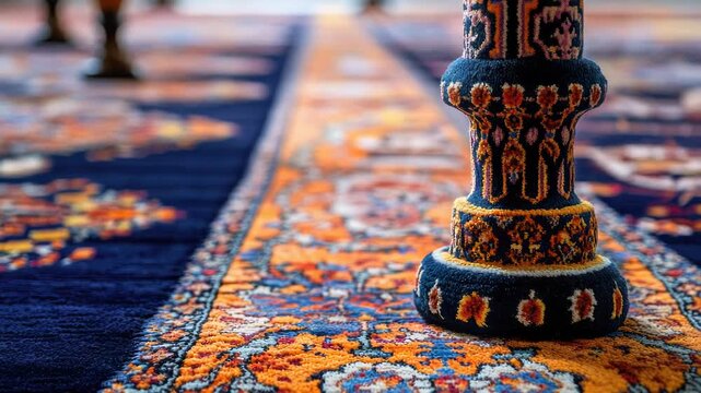 Close-up view of a rug on the floor with detailed texture and pattern