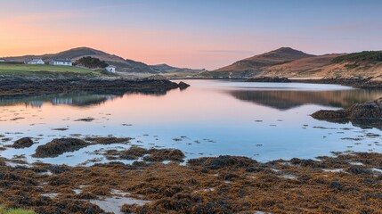 Obraz premium Calm waters reflect a peaceful sunrise over a coastal landscape.