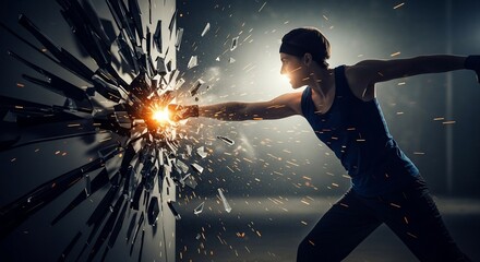 Woman's powerful punch shatters glass wall with explosive force and sparks