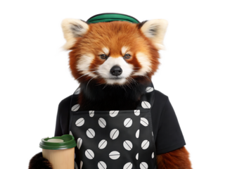 Red panda barista holding coffee cup wearing apron and green hat on a transparent background