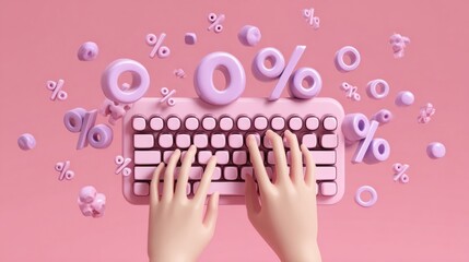 Creative Digital Keyboard With Hands Typing and Floating Percentage Symbols on Pink Background