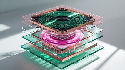 An exploded view of a futuristic technological device with stacked transparent layers, a green circuit board, and pink energy coils.