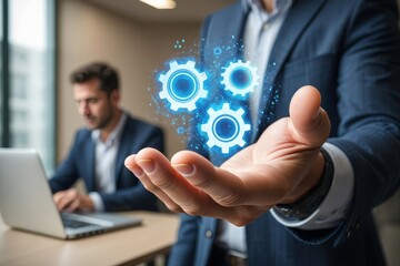 Business automation solutions: businessman holding gears for process optimization