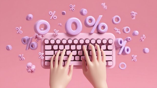 Creative Digital Keyboard With Hands Typing and Floating Percentage Symbols on Pink Background
