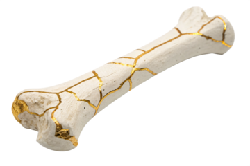 Kintsugi Style Repaired Bone with Elegant Golden Cracks, isolated PNG transparent background