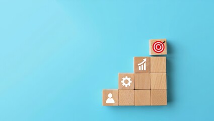 Obraz premium Business strategy goal setting conceptual image with wooden blocks on blue background