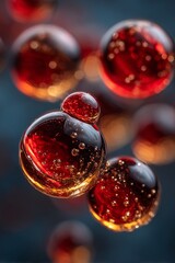 A captivating close-up image featuring translucent bubbles filled with liquid in rich red and gold hues, creating a sense of depth and motion against a dark backdrop.