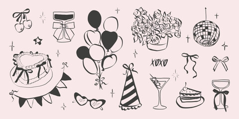 Birthday party set in hand drawn coquette style. Whimsical chalk doodles for girls bachelorette. Crayon drawing for menus and invitations. Doodle vector illustration