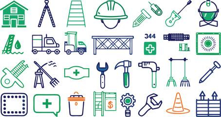 Construction And Home Improvement Icons In Green And Blue building tools