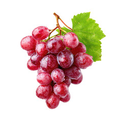 Fototapeta premium A cluster of bright red grapes with water droplets, attached to a stem with a vibrant green leaf