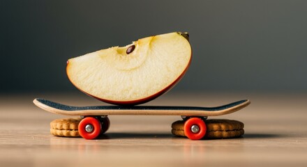 Apple slice on tiny skateboard