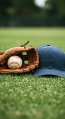 Baseball glove and hat on grass