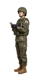 Fototapeta premium Female soldier in camouflage uniform standing and using smartphone isolated on white background military technology communication focus modern army South Korea flag patch visible