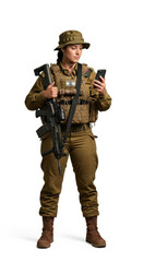 Female soldier in brown military uniform holding rifle and looking at smartphone, standing isolated on white background, confident and focused expression