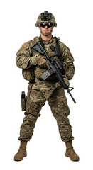 Confident male soldier in modern camouflage uniform stands with rifle, tactical vest, helmet, and sunglasses, ready for action, isolated on white background