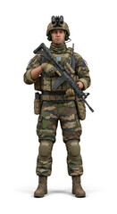 Fototapeta premium French soldier camouflage uniform helmet tactical vest rifle standing isolated military gear protective equipment confident expression modern infantry