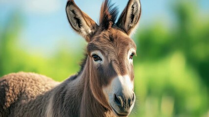 A close-up shot of a donkey's face, with a blurred background - Powered by Adobe
