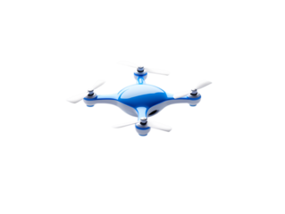 Modern blue quadcopter drone with spinning propellers captured in mid flight against a stark black background