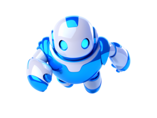 Friendly blue and white robot with glowing eyes floating in the darkness with a futuristic design