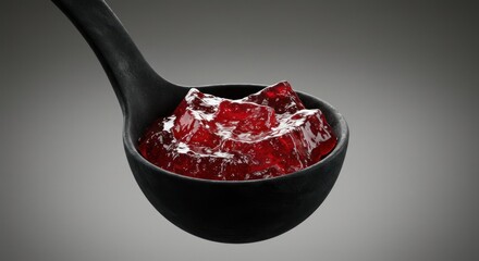 Red jelly cubes in ladle