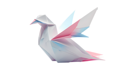 Delicate origami paper dove with pastel colored wings gracefully poised against a stark black background