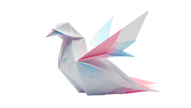 Delicate origami paper dove with pastel colored wings gracefully poised against a stark black background - Powered by Adobe