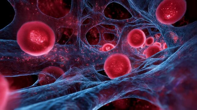 Dynamic graphic illustrating obstructive shock mechanism with glowing redhot vessels on the inflow side of the clot and dim blue vessels beyond blockage emphasizing circulation disruption.