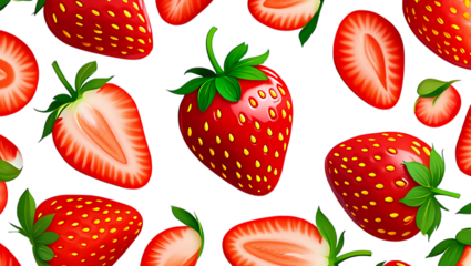 Vibrant red strawberries seamless pattern with freshly sliced halves on a dark background