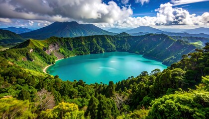 Panoramic view of a volcanic lake nestled amongst lush green mountains
