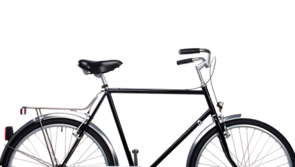 Classic black dutch city bicycle with fenders and saddle against a stark black background