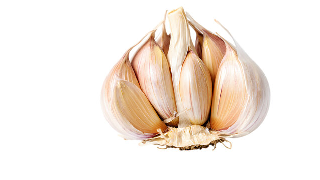 Close up of a fresh garlic bulb with peeled cloves showing against a stark black background
