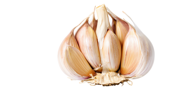 Close up of a fresh garlic bulb with peeled cloves showing against a stark black background