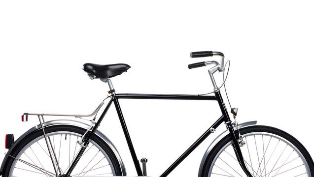 Classic black dutch city bicycle with fenders and saddle against a stark black background