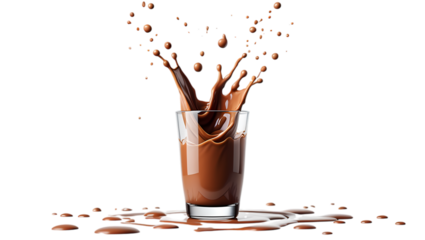 Dynamic chocolate milk splash frozen in time as it erupts from a tall glass against a black background