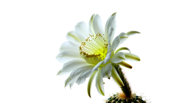 Delicate white cactus flower blooms with intricate petals against a stark black background