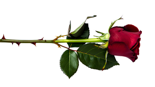 A single vibrant red rose with green stem and leaves lies horizontally against a stark black background