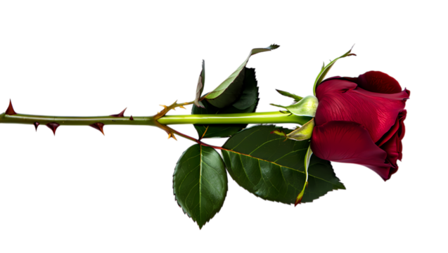 A single vibrant red rose with green stem and leaves lies horizontally against a stark black background